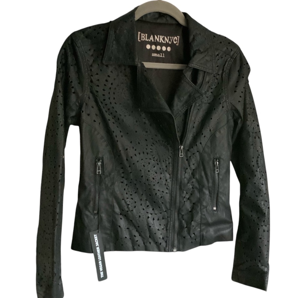 BLANKNYC NWT Black Vegan Leather Laser Cut Cropped Moto Biker Jacket SZ S